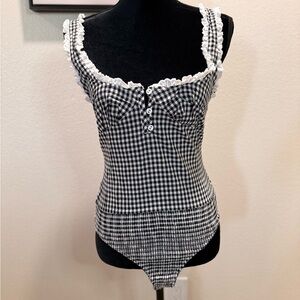 Free People Black & White Gingham Lace-Trim Bodysuit